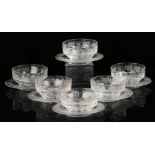 Set of six Victorian glass finger bowls and saucers, with grape and flower etched decoration, the