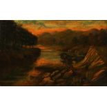 19th Century school, Lake scene, unsigned oil on canvas, 40cm x 24cm