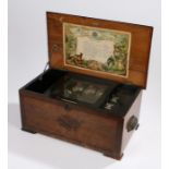 19th Century walnut Swiss music box, the rectangular box with the British coat of arms to the top