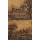 Two George III silk and hair embroidered pictures, the first of a country house with figures in