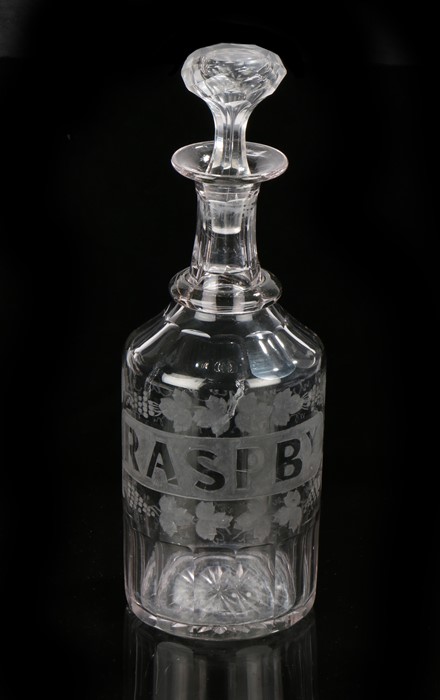 19th Century cut and etched glass decanter for raspberry cordial, the prismatic stopper above a