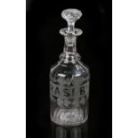 19th Century cut and etched glass decanter for raspberry cordial, the prismatic stopper above a