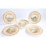19th Century porcelain part fruit set, consisting of four plates and matching tazza, with gilt