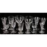 Collection of 19th Century drinking glasses, mainly each with thumb moulding above the stem,