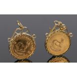 Pair of gold coin earrings, the 1/10oz Krugerrand to each mounted loop, gross weight 8.2 grams