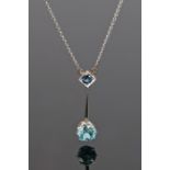 Zircon set pendant necklace, with a zircon and sapphire to the drop, 28mm long