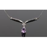 9 carat white gold and amethyst set necklace, with an amethyst drop and three diamonds above, 42cm