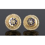 Pair of gold pearl and enamel set earrings, circular in form with a central pearl, 15mm diameter