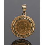 Gold coin pendant, with a 1/10 oz Krugerrand set to the loop, gross weight 4.8 grams