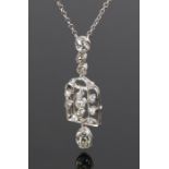 Art Deco diamond set pendant necklace, with a stem and three bars of diamonds and an oval diamond