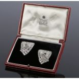 Impressive pair of Art Deco diamond set clasps, with an estimated overall total of 20 carats of