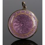 Guilloche enamel pendant locket, in purple with gilt swags, 32mm diameter