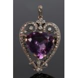 Amethyst and diamond set pendant, the central amethyst with a heart shaped diamond set surround