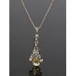 Ceylon yellow sapphire and diamond set pendant necklace, the pear cut sapphire at 3.40 carat and a
