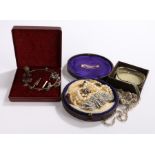 Silver jewellery, to include charm bracelet, three necklaces, paste set brooch, pearl earrings and