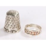 Silver ring, with name "Jane" to the band, ring size M, together with a silver thimble, 5.3g (2)