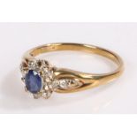 9 carat sapphire and diamond chip set ring, ring size O 1/2, 2.3g