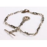 Silver pocket watch chain, formed from knotted rope effect links, with clip end, T bar and hanging