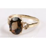 9 carat gold smokey topaz and diamond ring, size N