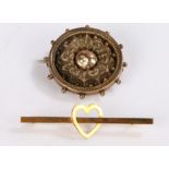 9 carat gold bar brooch with central heart, gold coloured metal brooch with scroll decoration and