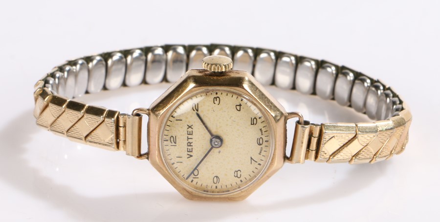 Vertex 9 carat gold ladies wristwatch, the signed silver dial with Arabic numerals, manual wound
