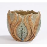 Bernard Rooke pottery vase, with raised leaf and wavy reed decoration, initialled BR, label to base,