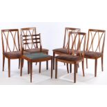 Five G-plan teak dining chairs, with curved splat backs, brown velvet effect seats, raised on square