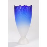 Malcolm Sutcliffe studio glass vase, with blue and white frosted decoration to the tapering body and