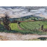 Molly Dicker (20th Century), Fields and a path , signed watercolour, 39cm x 29cm No visible