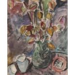 Andrew Casey (B1965), still life Dartmouth glug jug of flowers on a table top with a further jug and