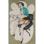 1950's risque picture, depicting a scantily clad lady typing on a typewriter, housed in a shaped