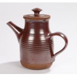 David Lloyd Jones pottery coffee pot and cover, the brown body with ribbed decoration, impressed