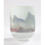 Charles Bray studio glass vase, decorated with a mountainous landscape scene, signed to base, 15cm