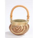 Bernard Rooke pottery basket, with steamed cane handle. the body with ribbed semi-circular