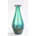 Iridescent art glass vase, the green ground with dipped blue lower section puce decoration, 18.5cm