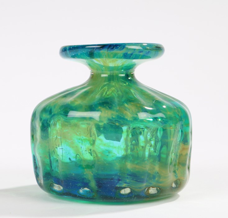 Mdina blue and yellow art glass vase, with slender neck and ridge decoration, signed to base and