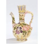 Zsolnay Hungarian porcelain ewer, with beaded neck, handle and spout above a floral decorated