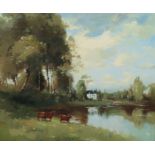 Fred Cummins (20th Century British), cattle beside a lake with house to the rear, signed oil on