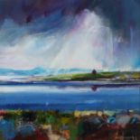 Dugald Findlay (B1943), "Point of Danna", signed acrylic and oil, housed in a silvered glazed frame,
