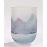 Charles Bray studio glass vase, decorated with a mountainous landscape scene, signed to base, 12.5cm
