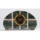 Art Deco marble mantel clock, the green arched case with white and red veined marble line