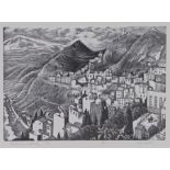 Guy Mallet (1900-1973), Taormina Mt Etna, pencil signed engraving, numbered 1/50, 27.5cm x