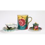Wemyss tea cup and saucer, decorated with a cockerel and words "Bon Jour", Wemyss preserve pot,