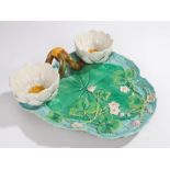 George Jones majolica strawberry dish, in the form of a lily pad with two lily flowers forming the