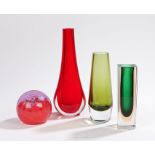 Caithness 'Inferno' paperweight, together with three Whitefriars style glass vases, the tallest 20cm