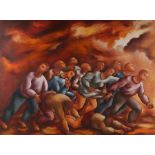 Moira Doggett (B1927), a mass of figures, unframed, the oil 75.5cm x 101cm