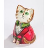 Joan and David De Bethel Rye pottery cat, depicted wearing a red jacket with green collar and