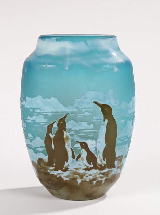 Galle style etched glass vase, decorated with penguins and icebergs, signed to body, 11.5cm highNo