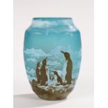 Galle style etched glass vase, decorated with penguins and icebergs, signed to body, 11.5cm highNo