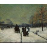 20th Century school, Snowy street scene, signed Luigi L. oil on board, housed in a varnished pine